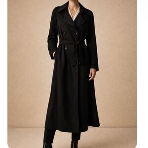 London Fog Long Black Double Breasted Trench Coat Belted Size 10